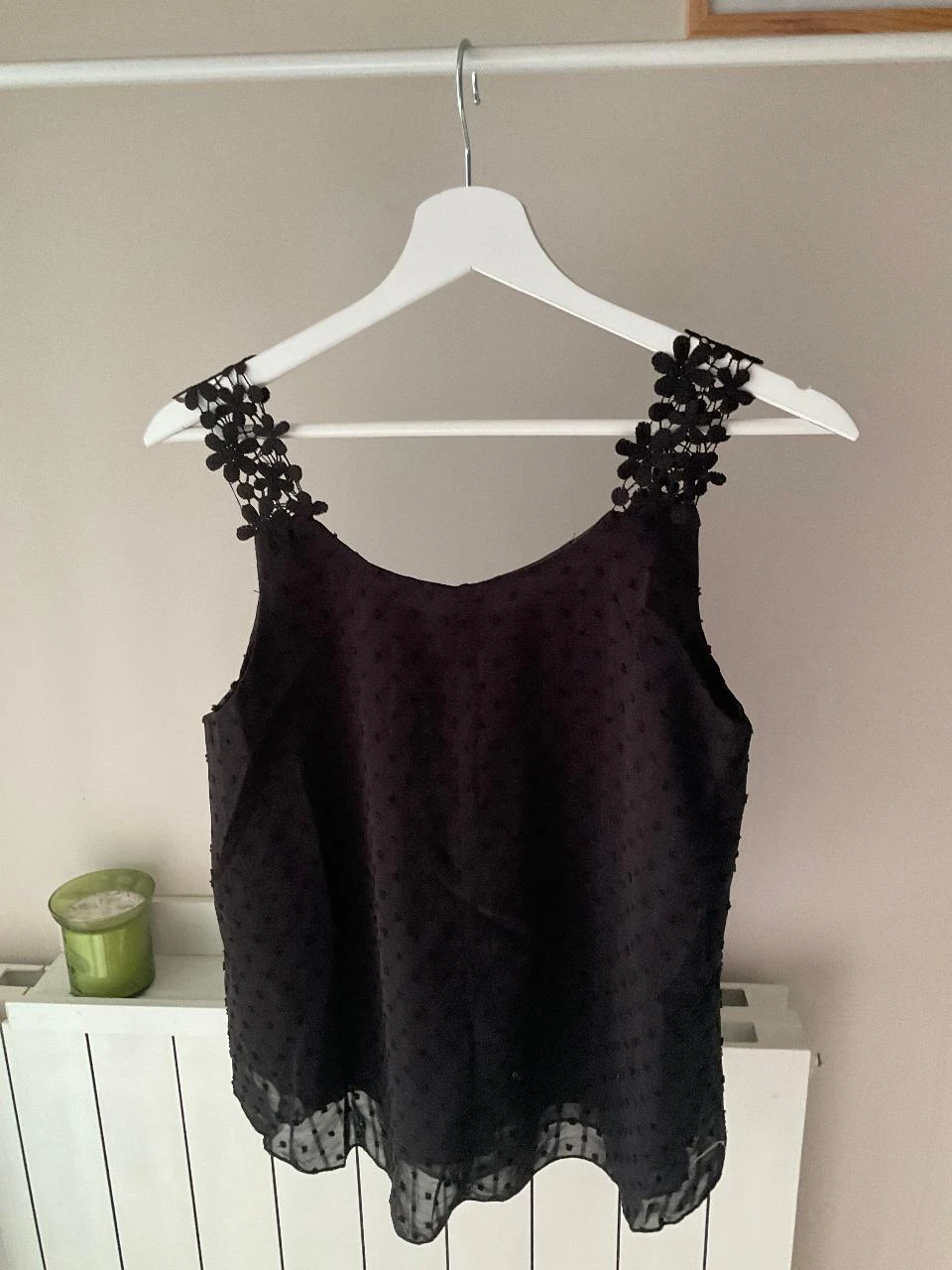 Débardeur Top blouse plumetis noir à bretelles dentelle chic soirée romantique – – photo 3